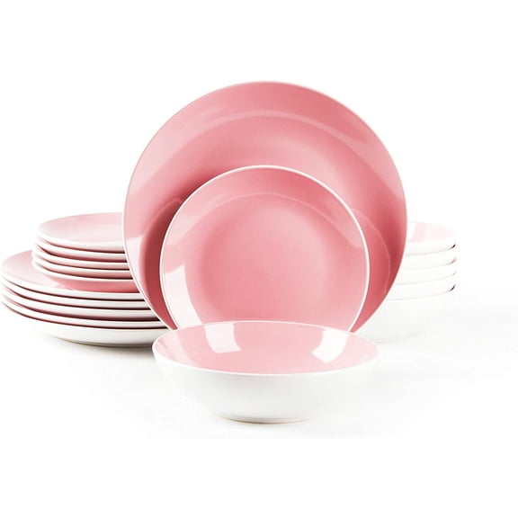 Stoneware Coupe Shape 18pc Dinnerware Set, Outside White + Inside Pink