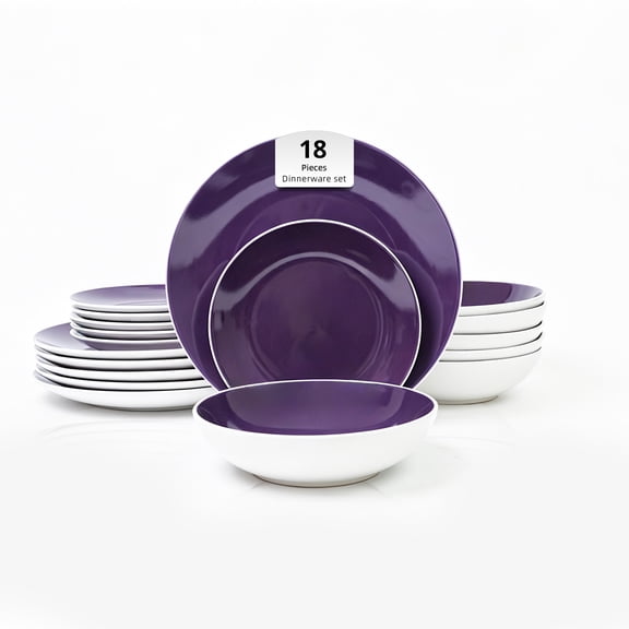 Stoneware Coupe Shape 18pc Dinnerware Set, Outside White + Inside Purple