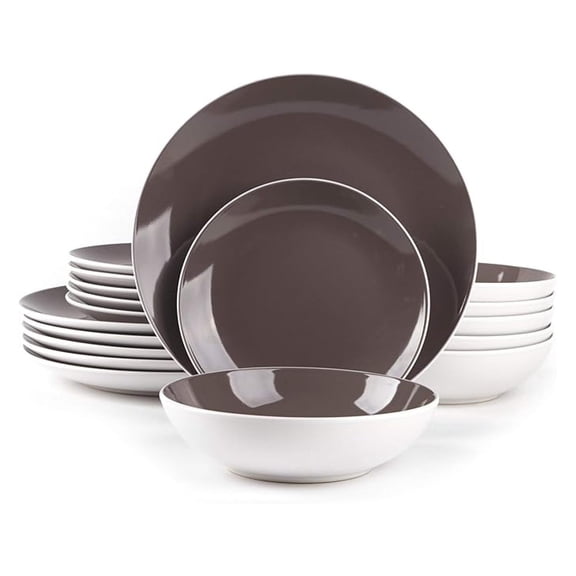 Stoneware Coupe Shape 18pc Dinnerware Set, Outside White + Inside Taupe