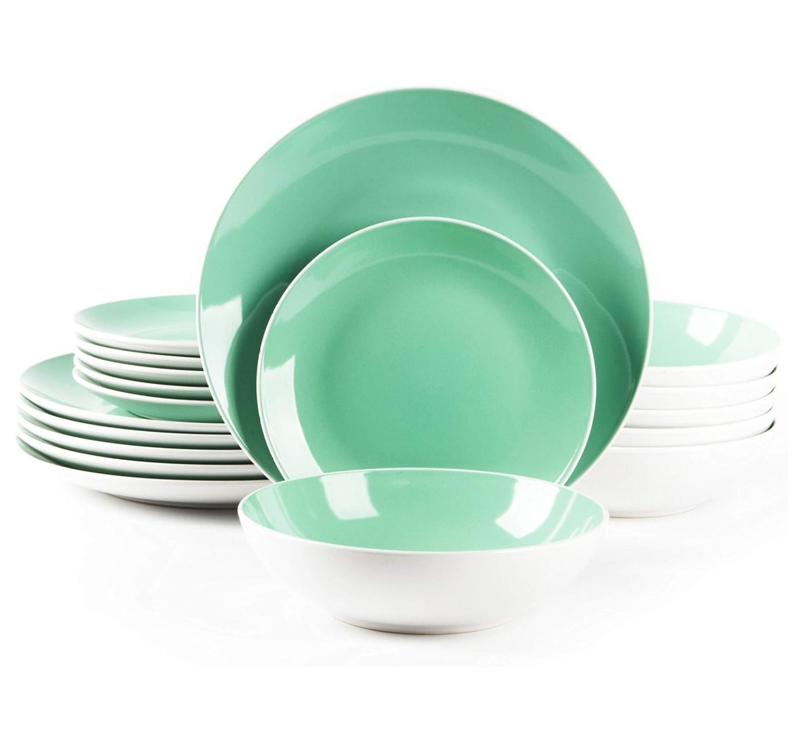 Stoneware Coupe Shape 18pc Dinnerware Set, Outside White + Inside Teal