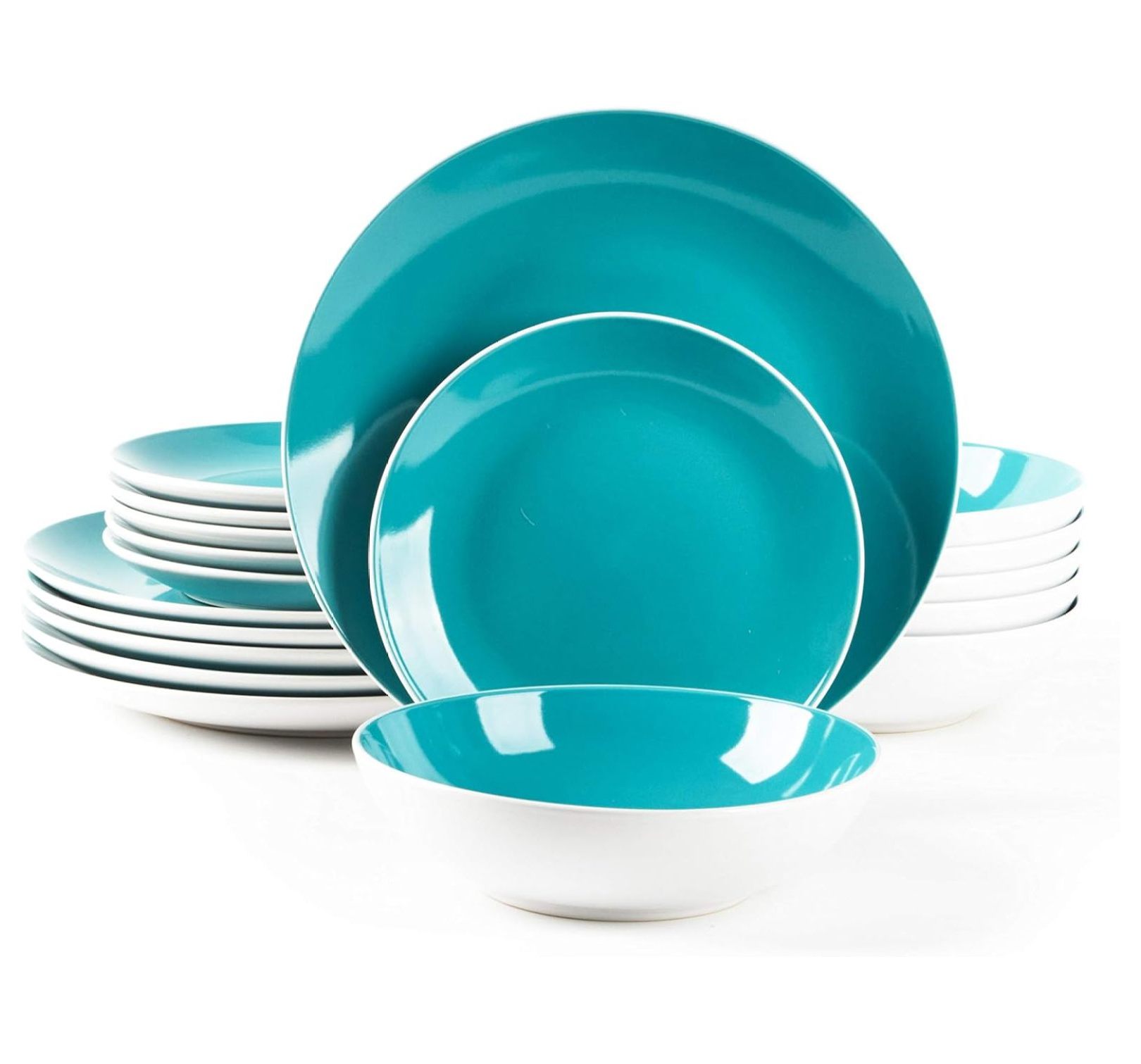 Stoneware Coupe Shape 18pc Dinnerware Set, Outside White + Inside Turquoise
