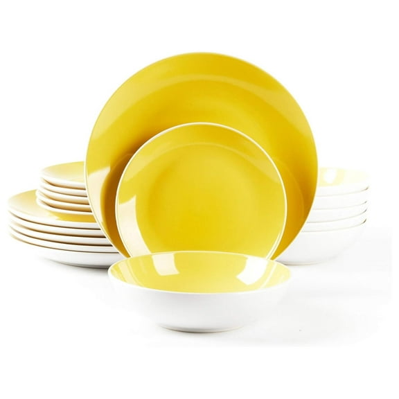 Stoneware Dinnerware Set 18pcs, Coupe Shape - White/Yellow, Service for 6 - Plates, Bowls - Microwave & Dishwasher Safe