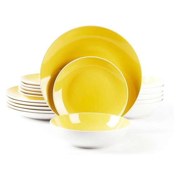 Stoneware Coupe Shape 18pc Dinnerware Set, Outside White + Inside Yellow