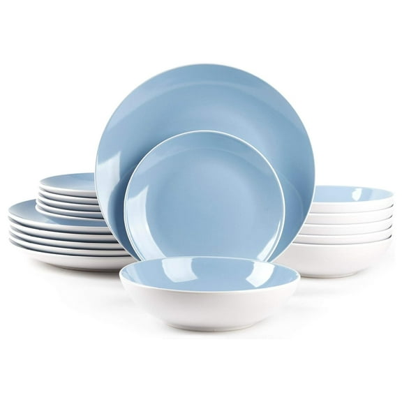 Stoneware Coupe Shape Dinnerware Set High Quality Durable 18pc Set for 6 Outside White Inside Blue