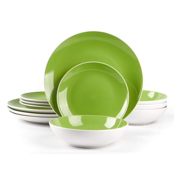 Stoneware Coupe Shape Dinnerware Set, Outside White + Inside Bamboo, 12pc Dinnerware Set