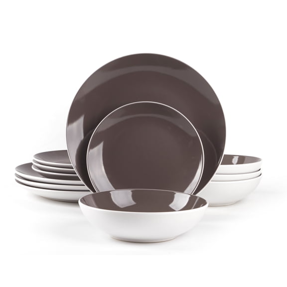 Stoneware Coupe Shape Dinnerware Set, Outside White + Inside Grey, 12pc Set
