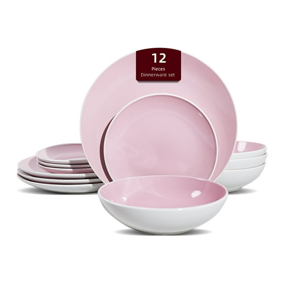 Stoneware Coupe Shape Dinnerware Set, Outside White + Inside Pink, 12pc Dinnerware Set