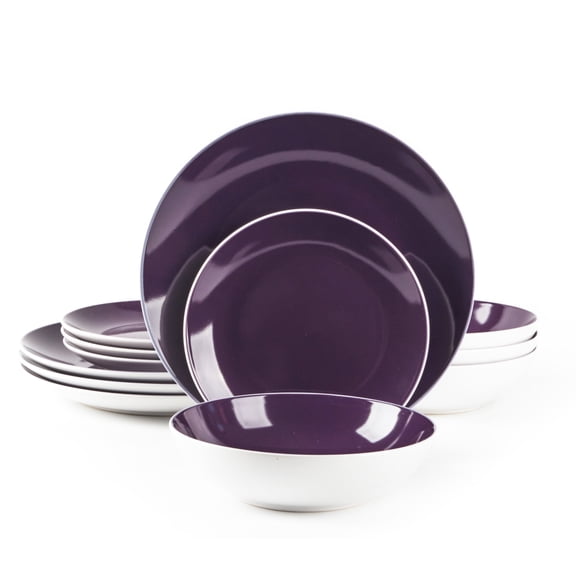 Stoneware Coupe Shape Dinnerware Set, Outside White + Inside Purple, 12pc Dinnerware Set