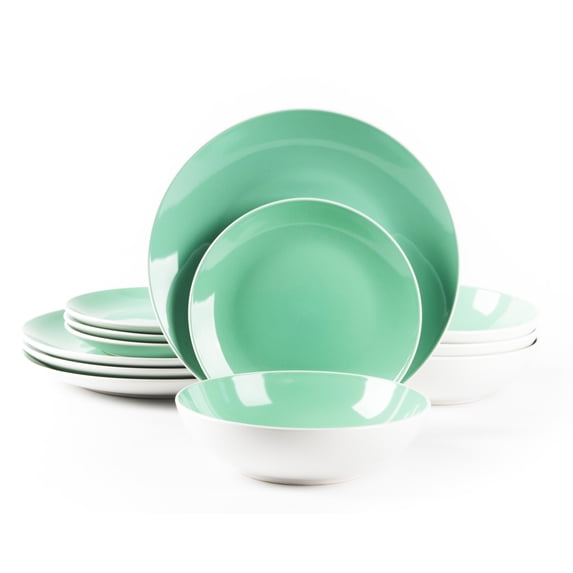 Stoneware Coupe Shape Dinnerware Set, Outside White + Inside Teal, 12pc Dinnerware Set