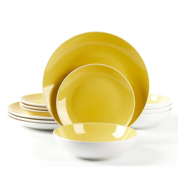 Stoneware Coupe Shape Dinnerware Set, Outside White + Inside Yellow, 12pc Dinnerware Set