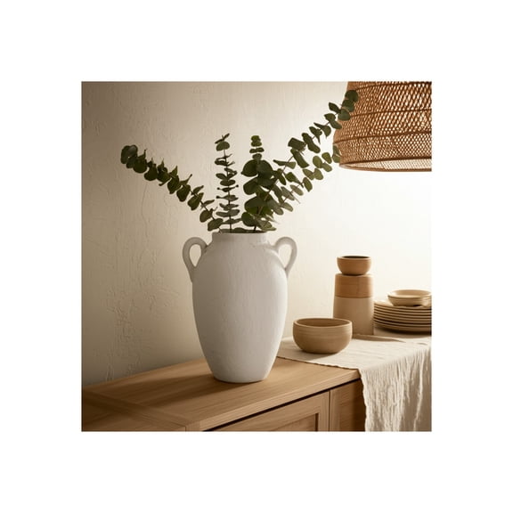 Stoneware Decorative Vase with Handles Ceramic Rustic Vase for Flowers - Modern Farmhouse Home Decor for Living Room, Bedroom, Office - Textured Pottery Accent for Floral Arrangements - 13" White