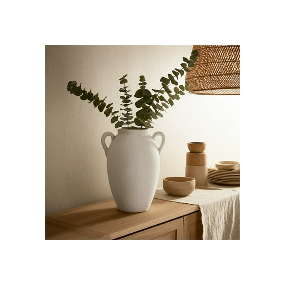 Stoneware Decorative Vase with Handles Ceramic Rustic Vase for Flowers - Modern Farmhouse Home Decor for Living Room, Bedroom, Office - Textured Pottery Accent for Floral Arrangements - 13" White