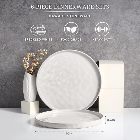 Stoneware Dinner Plates Set of 6, 10" Heavy Duty Ceramic Plate, Reactive Glaze Ripple Dinnerware for Home Restaurant, Chip and Scratch Resistant, Microwave and Dishwasher Safe, Speckled White