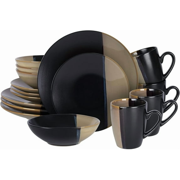 Stoneware Dinner Set Reactive Glaze (16pc Set, Black + Beige)