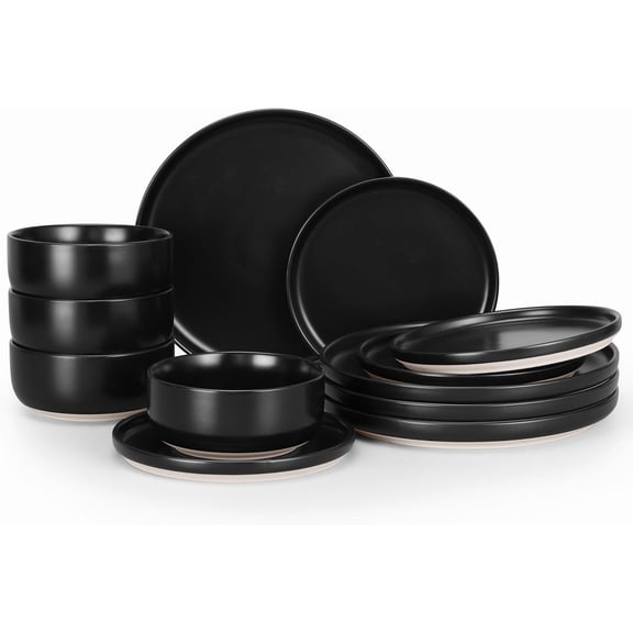 Stoneware Dinnerware Set 12 Piece for 4 Matte Black