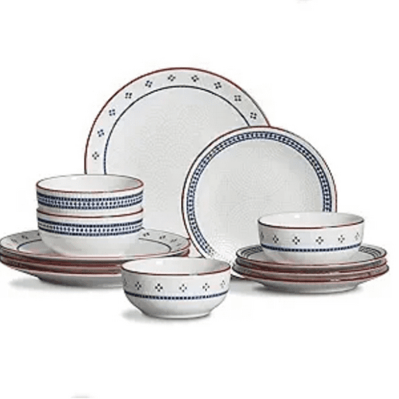 Stoneware Dinnerware Set, 12-piece Vintage Dinnerware Sets for 4, Geometric Plates and Bowls Sets, White Dish Set for 4, Scratch Resistant Dishware Set for 4 - Microwave & Dishwasher Safe
