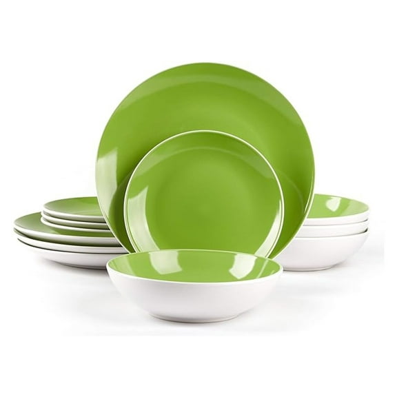 Stoneware Dinnerware Set 12pc, Coupe Shape - White & Bamboo - Service for 4 - Plates & Bowls - Microwave & Dishwasher Safe