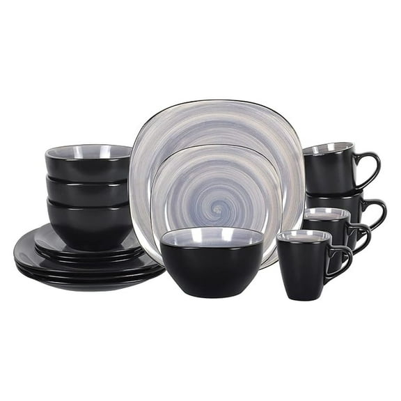 Stoneware Dinnerware Set, 16pc Square Dishes - Swirl Grey & Black
