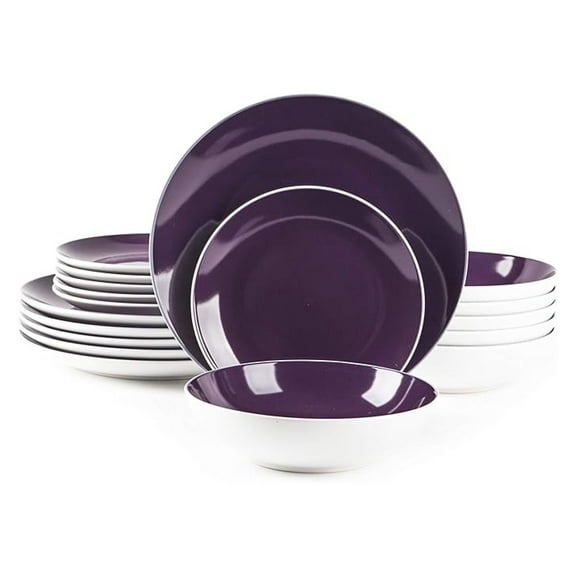 Stoneware Dinnerware Set 18pcs, Coupe Shape - White Outside, Colorful Inside - Service for 6, Plates & Bowls