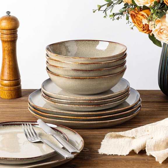 Stoneware Dinnerware Set for 4 12-Piece Rustic Earthenware Plates and Bowls Reactive Glaze Ceramic Chip Resistant Microwave and Dishwasher Safe Driftwood Taupe