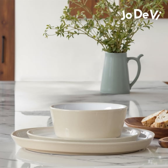 Stoneware Dinnerware Set for 4(12Pcs) Microwave & Dishwasher Safe Plates and Bowls with Reactive Glaze Rustic Farmhouse Modern Design for Everyday Dining, Wedding & Outdoor - Light Beige