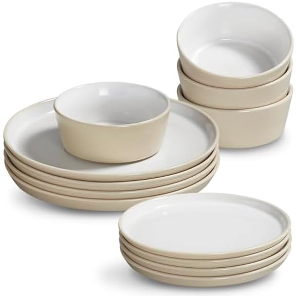 Stoneware Dinnerware Set for 4(12Pcs) Microwave & Dishwasher Safe Plates and Bowls with Reactive Glaze Rustic Farmhouse Modern Design for Everyday Dining, Wedding & Outdoor - Light Beige