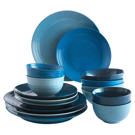 Stoneware Dinnerware Set Glossy Blue 16-Piece Set Service for 4 Everyday Dining