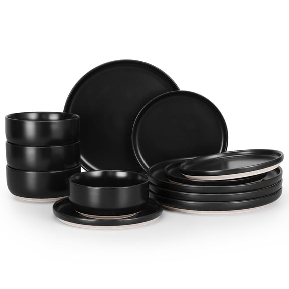 Stoneware Dinnerware Set Matte Black 12pcs for 4