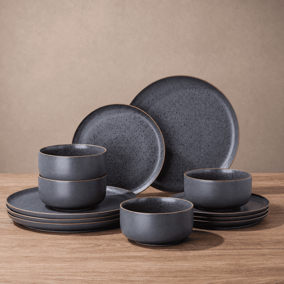 Stoneware Dinnerware Set Matte-Speckled Black Service for 4