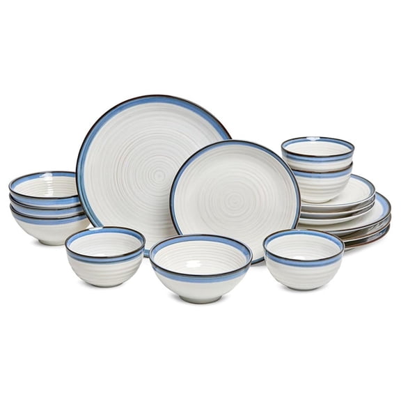 Stoneware Dinnerware Set Rustic White with Blue Rim 16-Piece Set
