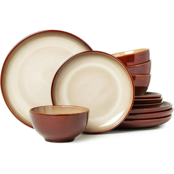Stoneware Dinnerware Set Service for 4, 12 pcs Reactive Glaze Plates and Bowls Sets, Handmade Round Dishes Set, Highly Chip and Crack Resistant Modern Plate Set, Brown Yellow