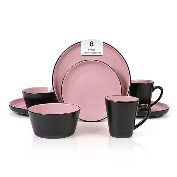 Stoneware Dinnerware Set Service for 2, 8 Piece Two Tone Handmade Plates Bowls Set, Chip & Crack Resistant Modern Tableware, Pink and Black