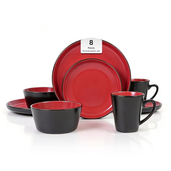 Stoneware Dinnerware Set Service for 2, 8 Piece Two Tone Handmade Plates Bowls Set, Chip & Crack Resistant Modern Tableware, Red and Black