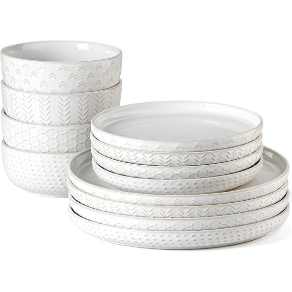 Stoneware Dinnerware Set Service for 4 12-Piece Reactive Glaze Plates and Bowls Embossed Boho Design Ivory White