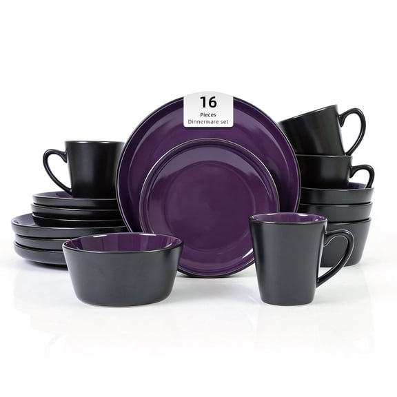 Stoneware Dinnerware Set Service for 4, 16 Piece Two Tone Handmade Plates Bowls Set, Chip & Crack Resistant Modern Tableware, Purple and Black