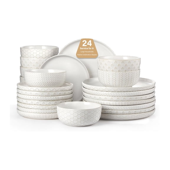 Stoneware Dinnerware Set Service for 8-24Pcs Farmhouse Style Embossed Boho Dish Set