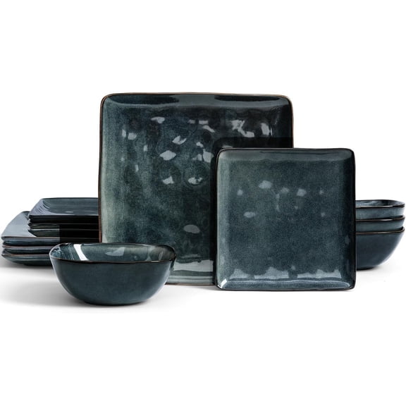 Stoneware Dinnerware Set for 4 12-Piece Reactive Glaze Microwave and Dishwasher Safe Scratch Resistant Deep Forest