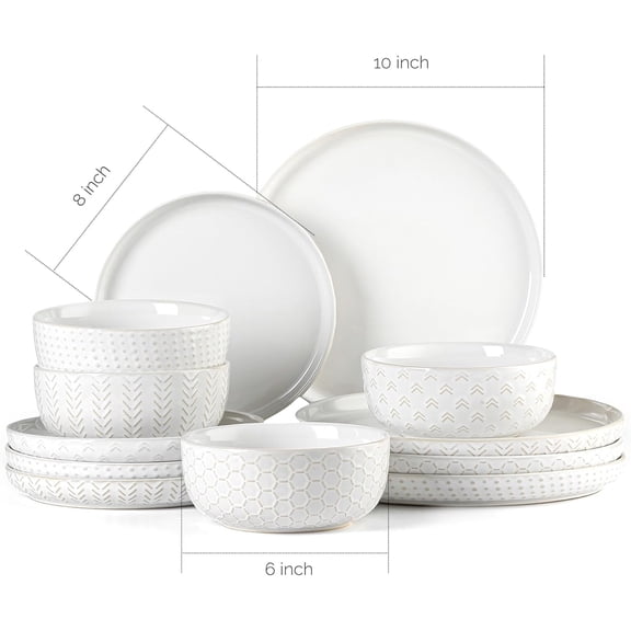 Stoneware Dinnerware Set for 4, 12-Piece Reactive Glaze Plates and Bowls, Embossed Ceramic Dish Set, Chip Resistant Farmhouse Ivory White