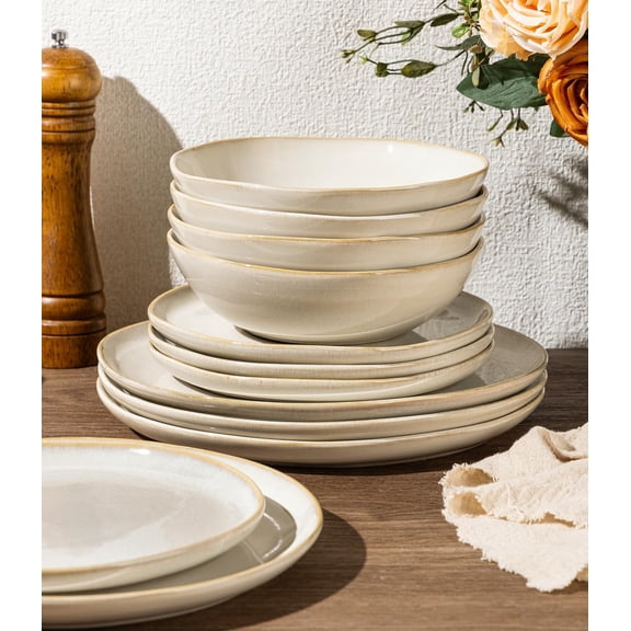 Stoneware Dinnerware Set for 4 12-Piece Rustic Earthenware Plates and Bowls Reactive Glaze Ceramic Microwave and Dishwasher Safe Vanilla Cream