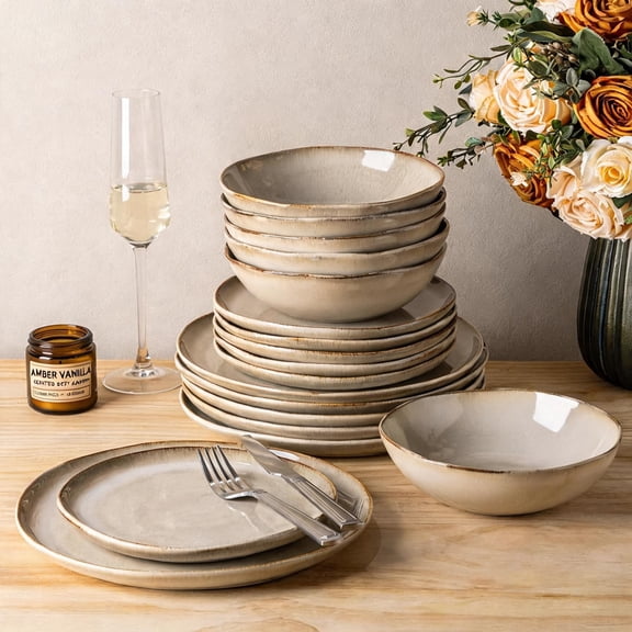 12-Piece Stoneware Dinnerware Set for 4 Rustic Oatmeal Linen