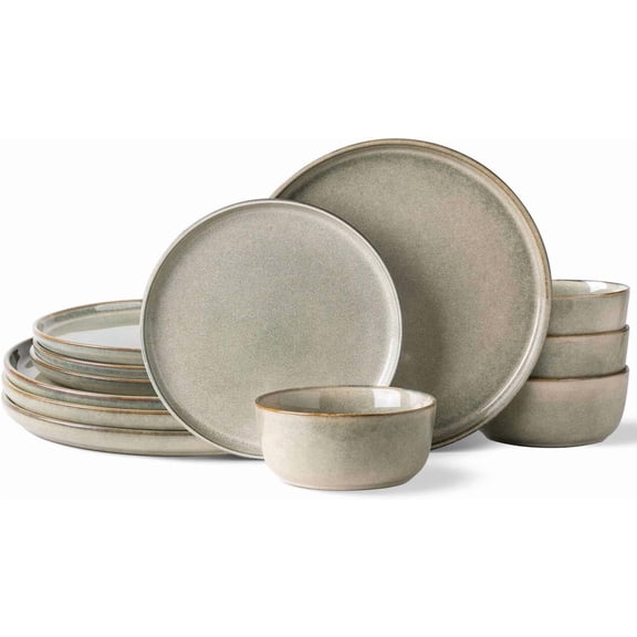 Stoneware Dinnerware Set for 4 People 12-Piece Plates and Bowls with Reactive Glaze