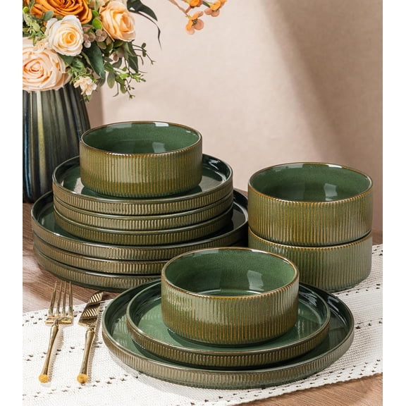Stoneware Dinnerware Set for 4 People 12-Piece Ribbed Plates and Bowls Reactive Glaze Sage Green Microwave and Dishwasher Safe