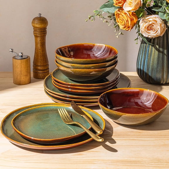 Stoneware Dinnerware Set for 4 People 12-Piece Rustic Earthenware Plates and Bowls with Reactive Glaze Microwave and Dishwasher Safe