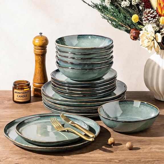 Stoneware Dinnerware Set for 4 People 12-Piece Rustic Plates and Bowls in Coastal Teal