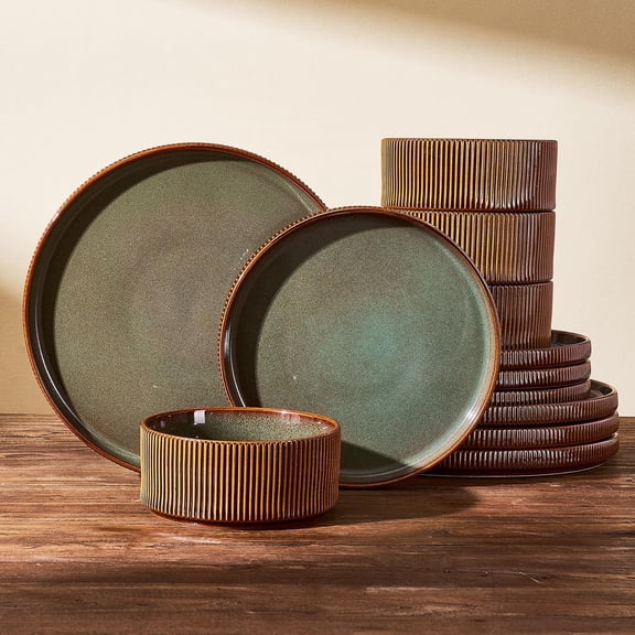 Stoneware Dinnerware Set with Double Reactive Glaze, Microwave and Dishwasher Safe, Scratch Resistant, Service for 4 (12-Piece), Moss Cocoa