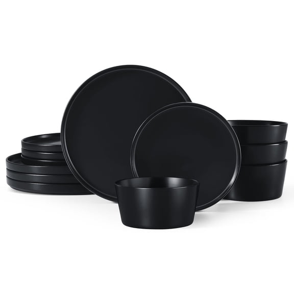 Onader Stoneware Dinnerware Sets, 12 Piece Plates and Bowls Set for 4, Serving Plates and Bowls Dish Sets, Microwave & Dishwasher Safe - Matte Black