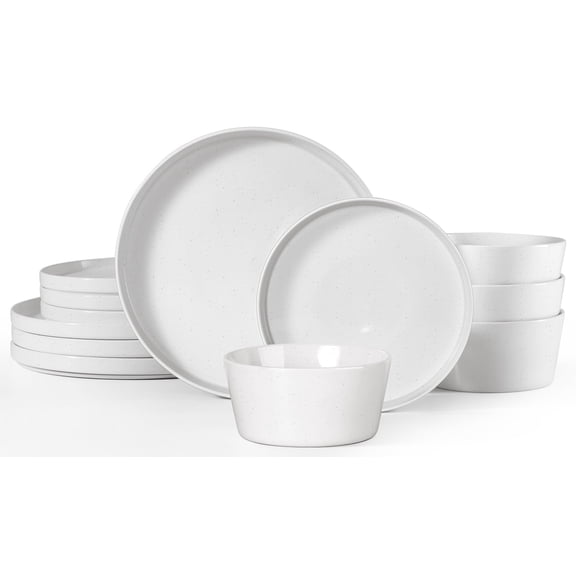 Onader Stoneware Dinnerware Sets, 12 Piece Plates and Bowls Set for 4, Serving Plates and Bowls Dish Sets, Microwave & Dishwasher Safe - Speckled White
