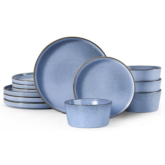 Onader 12 Piece Stoneware Dinnerware Sets, Serving Plates and Bowls Set of 4, Microwave & Dishwasher Safe - Speckled Gray