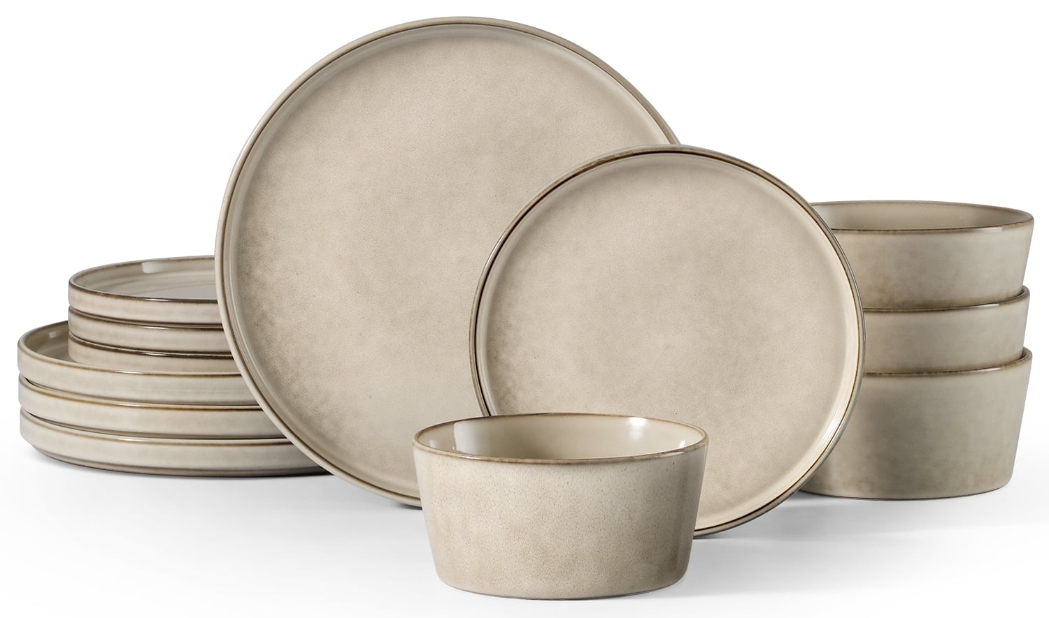 Onader Stoneware Dinnerware Sets, 12 Piece Plates and Bowls Set for 4, Serving Plates and Bowls Dish Sets, Microwave & Dishwasher Safe - Speckled Khaki
