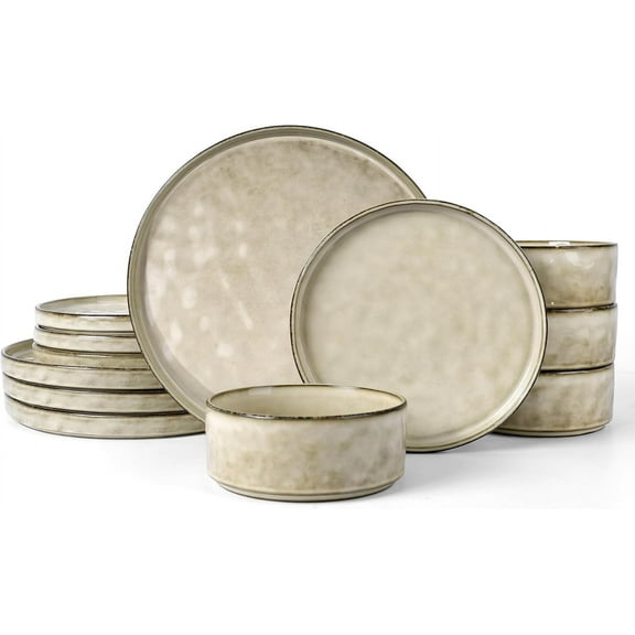 Stoneware Dinnerware Sets, 12 Piece Plates and Bowls Dish Set for 4, Kitchen Speckled Dinner Ware Dining Dishware, Microwave & Dishwasher Safe, Polar White